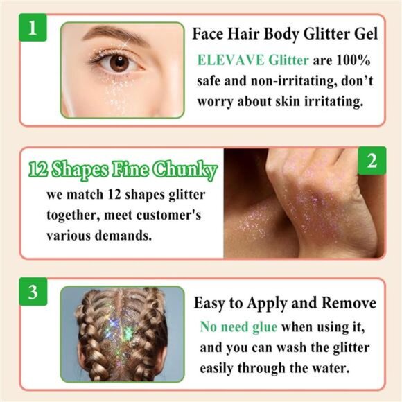 Body Glitter Face Glitter, Hair Glitter for Kids, 12 Shapes Fine Chunky Glitter - Picture 6 of 6